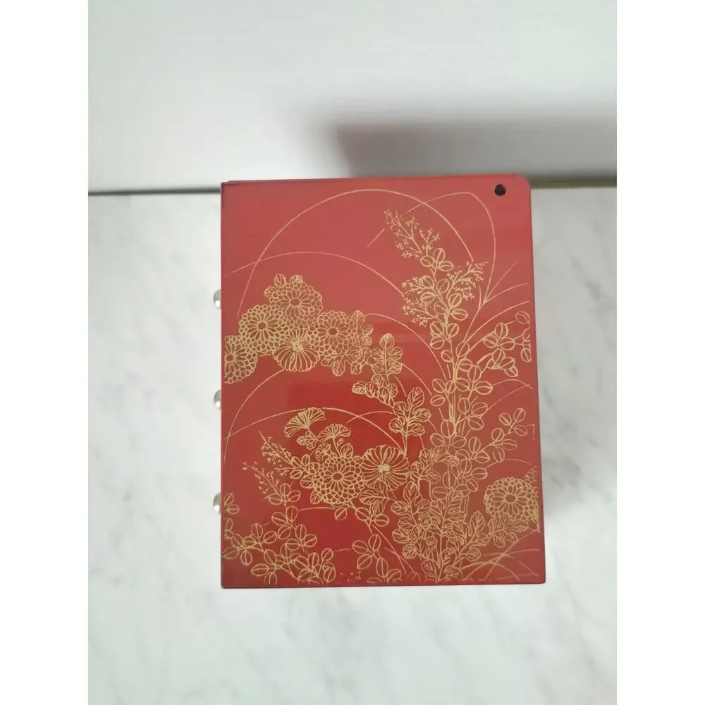 Vintage Red Lacquer 3-Drawer Jewelly Box With Floral Chiyogami Pattern